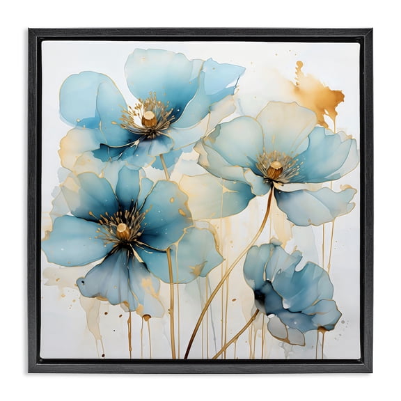 Stupell Industries Contemporary Sapphire and Gold Florals Black Floating Frame Canvas Art, 18 x 18, by Creative Studio