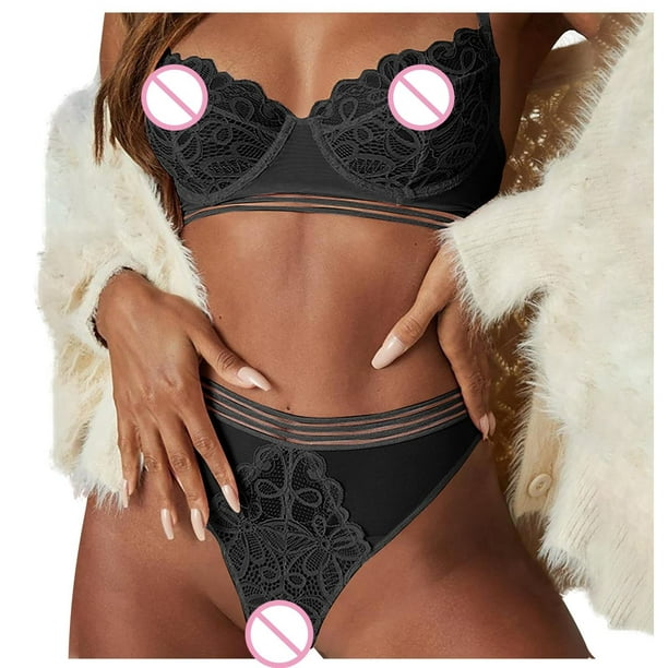  Plus Size Lingerie Set for Women Lace Bra and Panty Sets 2  Pieces Lingerie Set Halter Bralette Matching Mesh Panties Black: Clothing,  Shoes & Jewelry