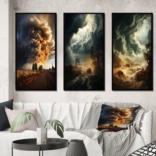 Designart "Nature s Fury Unleashed" Landscape & Nature Framed Wall Art Set Of 3 - Orange Storms Frame Canvas Set For Living Room Decor