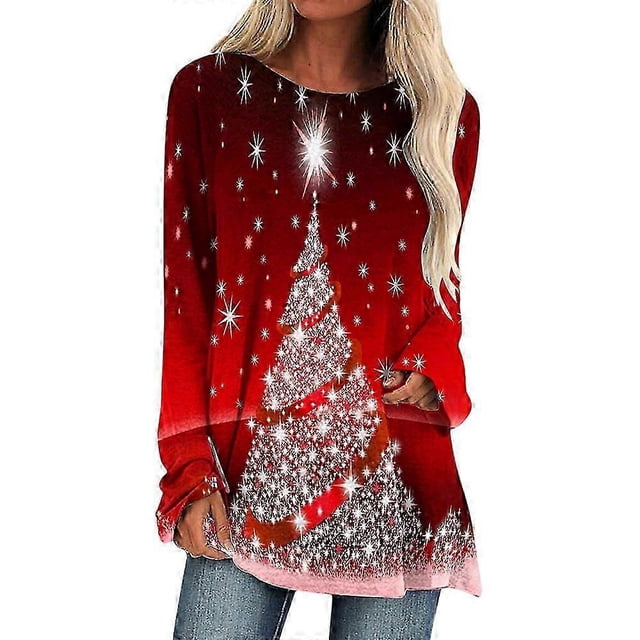 Womens Christmas Print Tunic Tops Long Sleeve Casual Loose Crew Neck T-Shirt Xmas Blouse