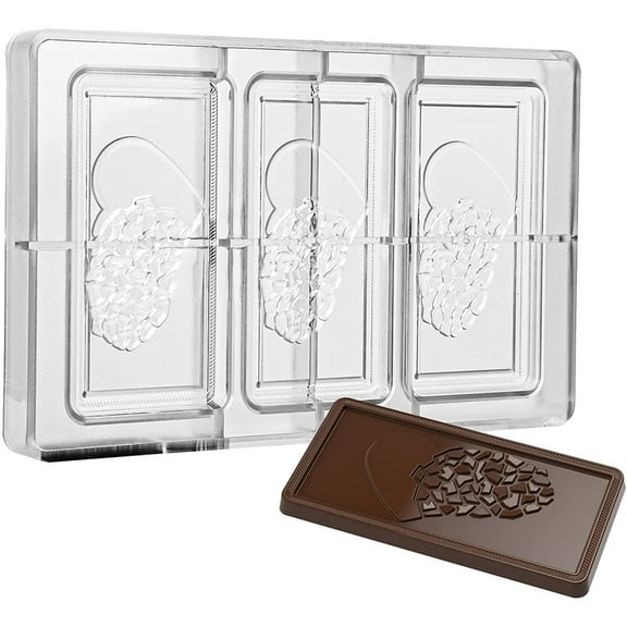 Greyas CM 3849 Louis Amado Clear Polycarbonate Chocolate Mold Candy Mould with 3 Breaking-Heart Rectangular-Tablet Cavities, Each 70mm x 140mm x 8.25mm High