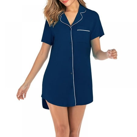 

BOLLSLEY Ladies V-neck Nightdress Ruffle Open Placket Short Sleeve Pajama Dress House Wear (Dark Blue 2XL)