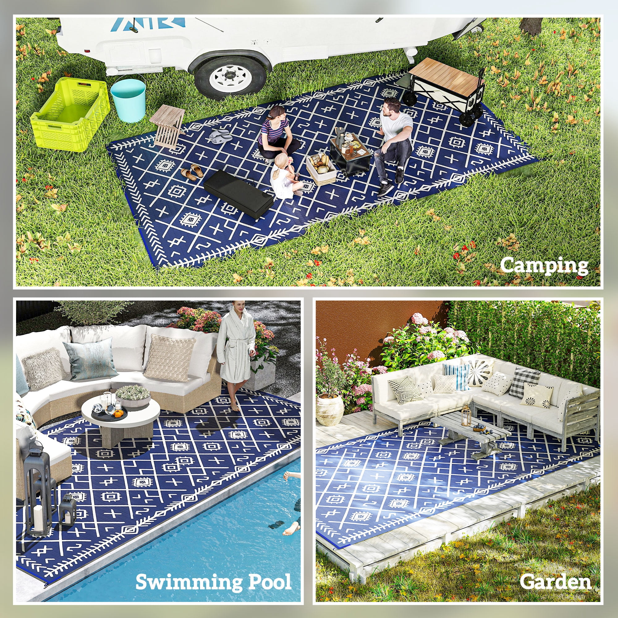 Outsunny Outdoor Patio Rug, Large Camping Carpet with Carrying Bag, 9' x 18' Waterproof Plastic Straw, Reversible, Blue & White Rhombus