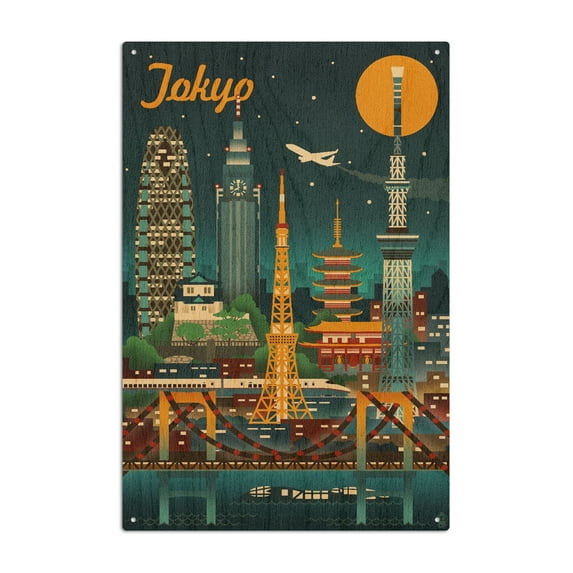 Tokyo, Japan, Retro Skyline Birch Wood Wall Sign (6x9 Rustic Home Decor, Ready to Hang Art)