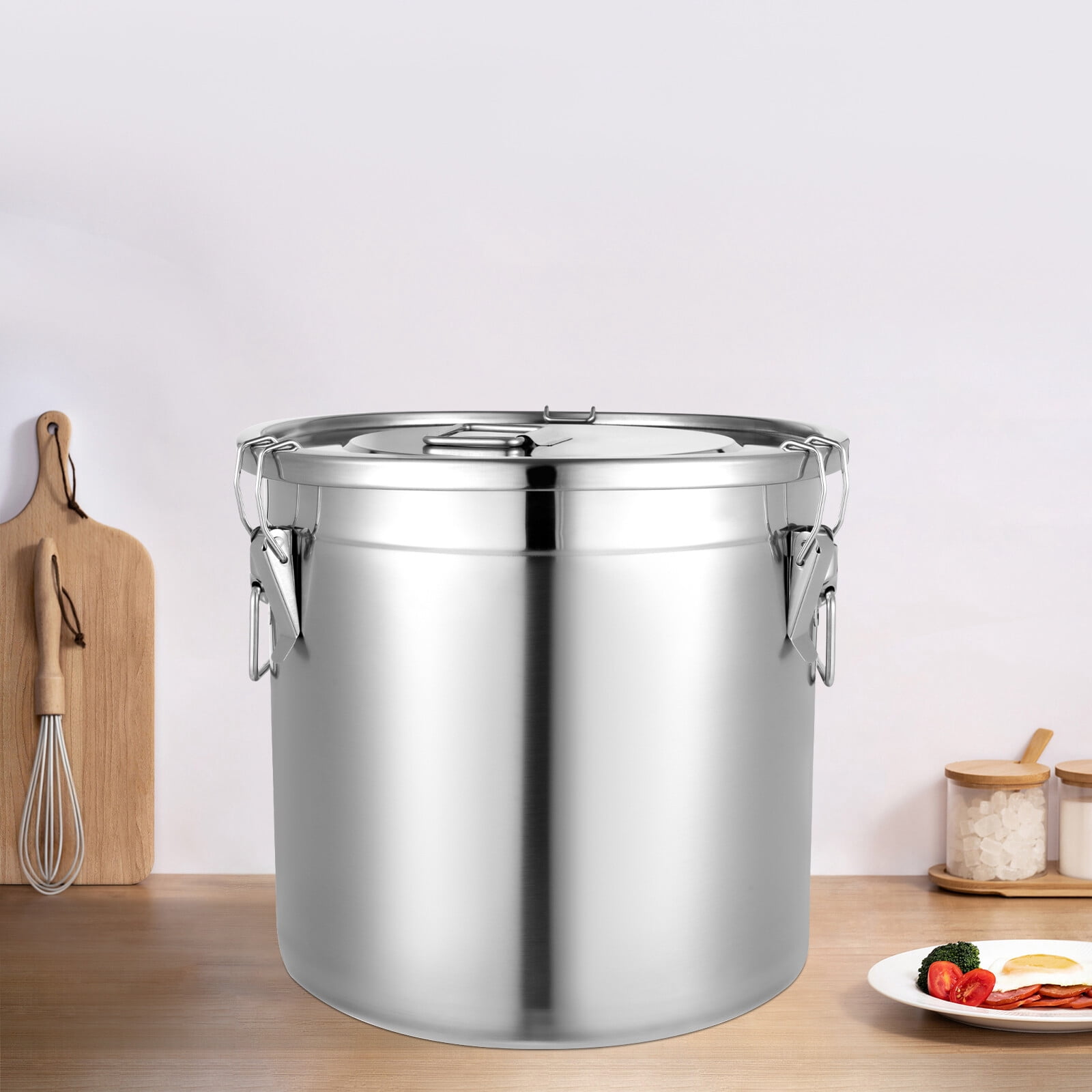 21L Silver Stainless Steel Dry/Wet Food Storage Container Airtight Canister W/ Handles for Restaurants