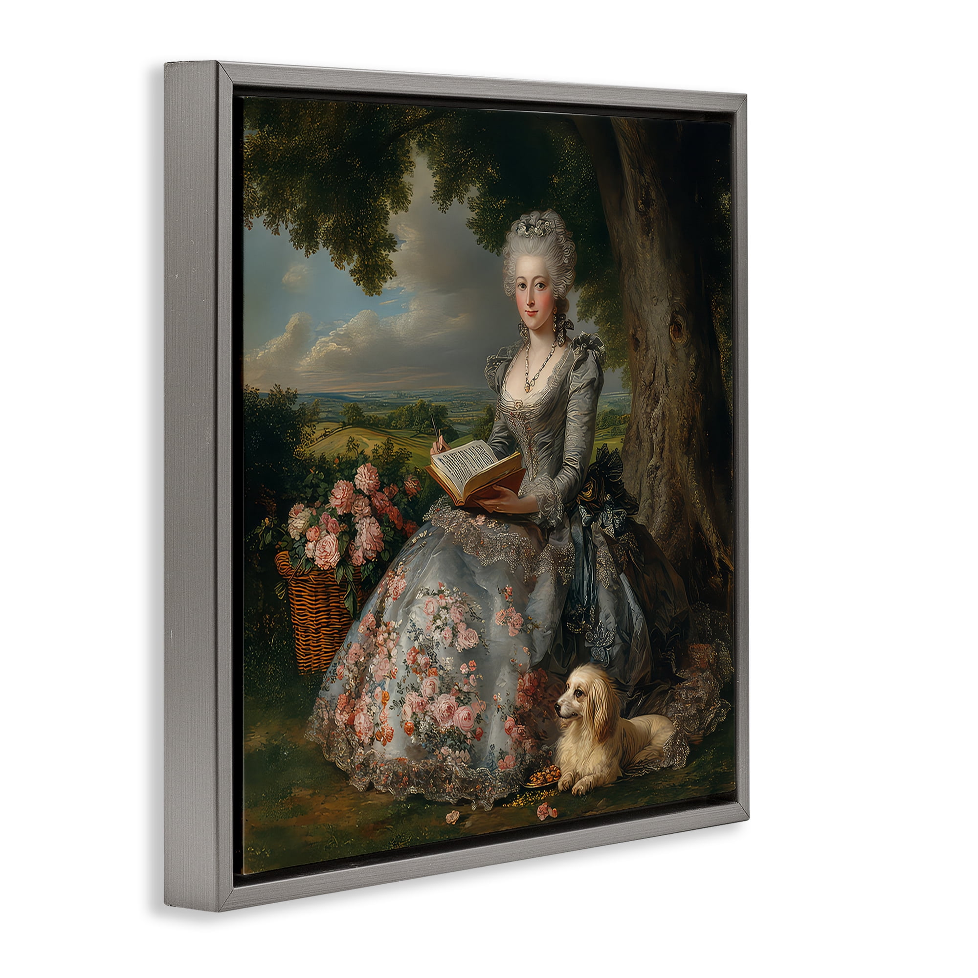 Stupell Industries Reading Rococo Lady with Dog Gray Framed Floater Canvas Wall Art, design by The Wands Want