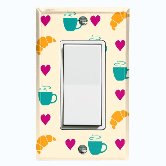 Metal Light Switch Wall Plate Outlet Cover (Coffee Espresso Mocha Cup Heart Croissant Pattern Beige - Single Rocker)