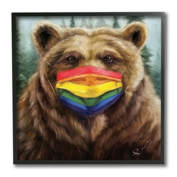 Stupell Industries Brown Bear Rainbow Face Mask Forest Animal Animals & Insects Painting Black Framed Art Print Wall Art, 12 x 12