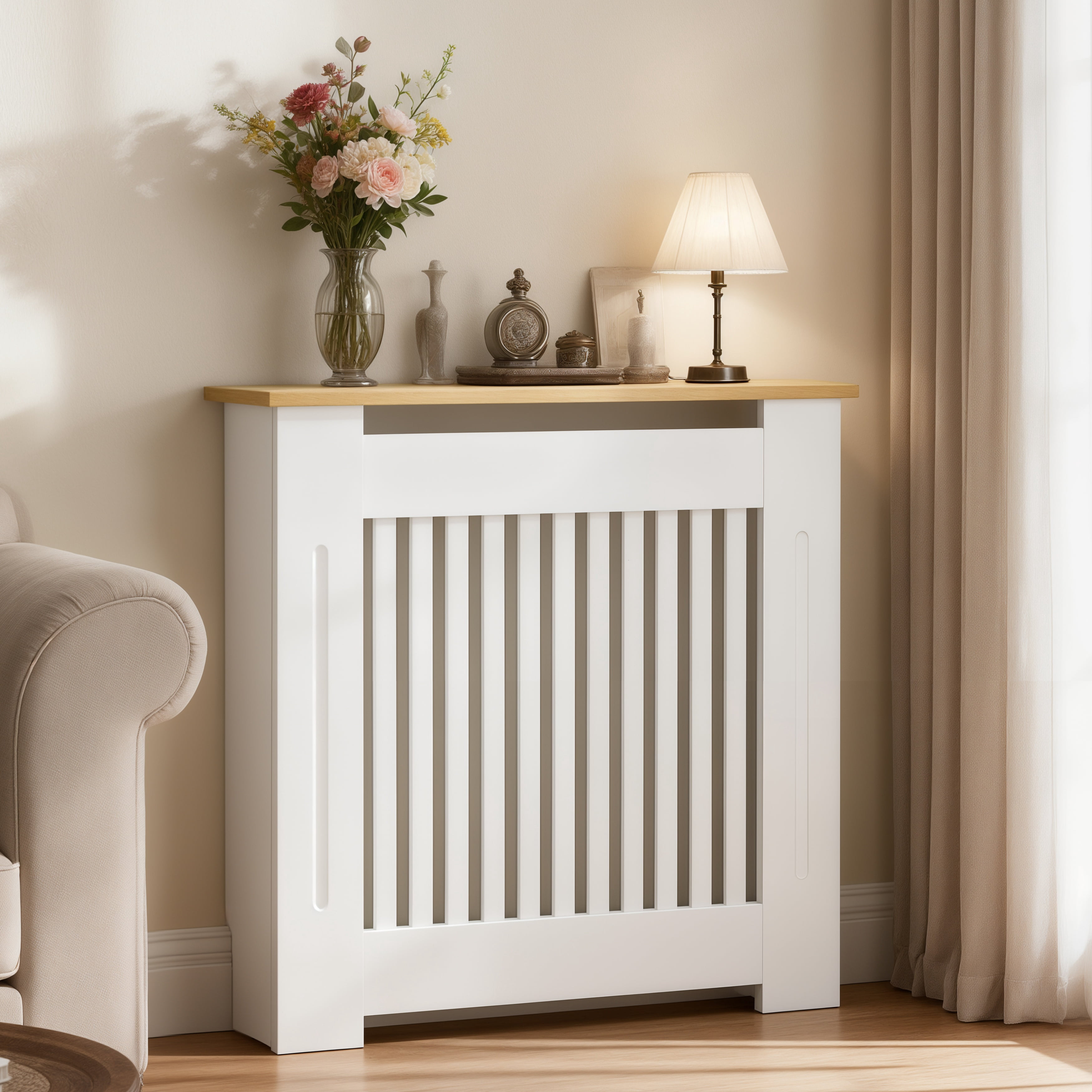 LUVODI 83cm High Modern Slatted Vertical White Radiator Cover with MDF Wood Top, Wood Grill Shelf