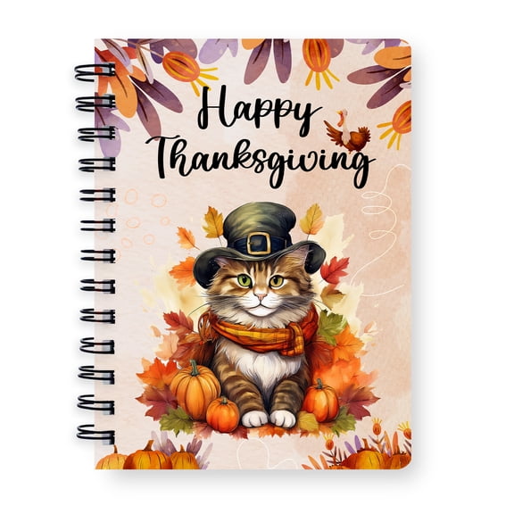 Happy Thanksgiving Maine Coon Welcome Thankful Fall Autumn Pumpkin Spiral Bound Journal Cat Lover Kitten Owner Gifts 5x7in Spiral Notebook - 02021