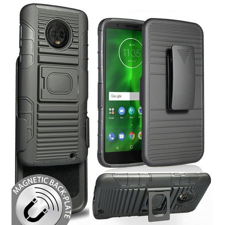 Case with Clip for Moto G6 Plus, Nakedcellphone Black Ring Grip Cover + Belt Hip Holster Stand [with Built-In Mounting Plate] for Motorola Moto G6 Plus (XT1926) G6+