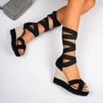 thumbnail image 2 of Knee High Strappy Wedge Sandal for Women with Back Zipper Open Toe Elastic Strap Platform Heels Walking Shoes Black Size 7, 2 of 6
