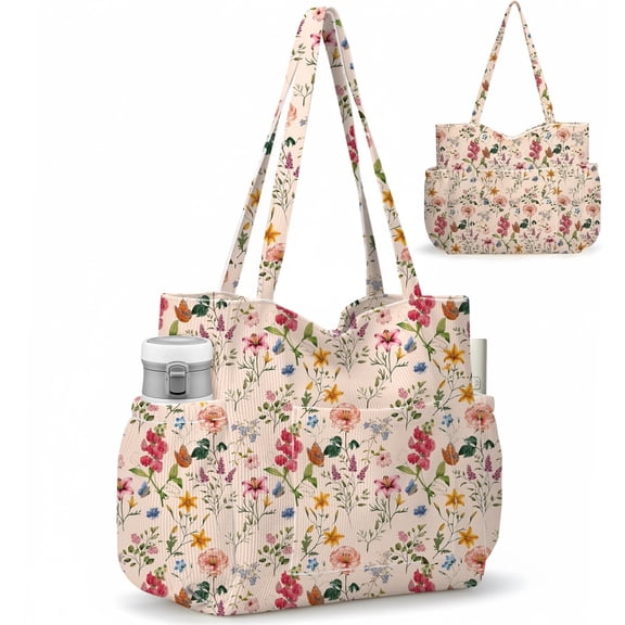 Gocvo Multiple Pockets Corduroy Bag, Large Tote Bag for Women, Ladies Bag Casual Hobo Handbags(Retro Flower)