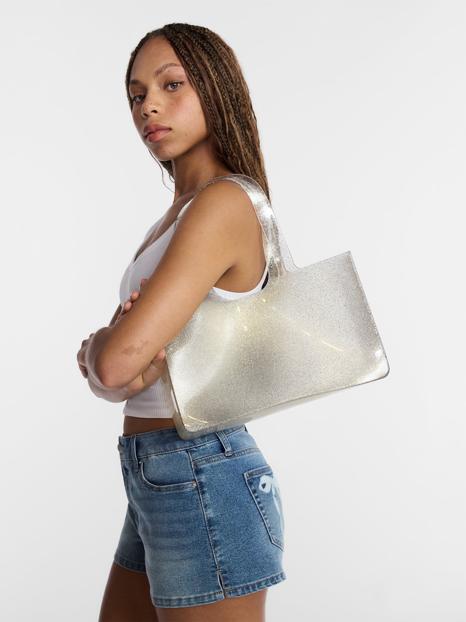 No Boundaries Women's Jelly Tote Bag, Clear with Gold Glitter