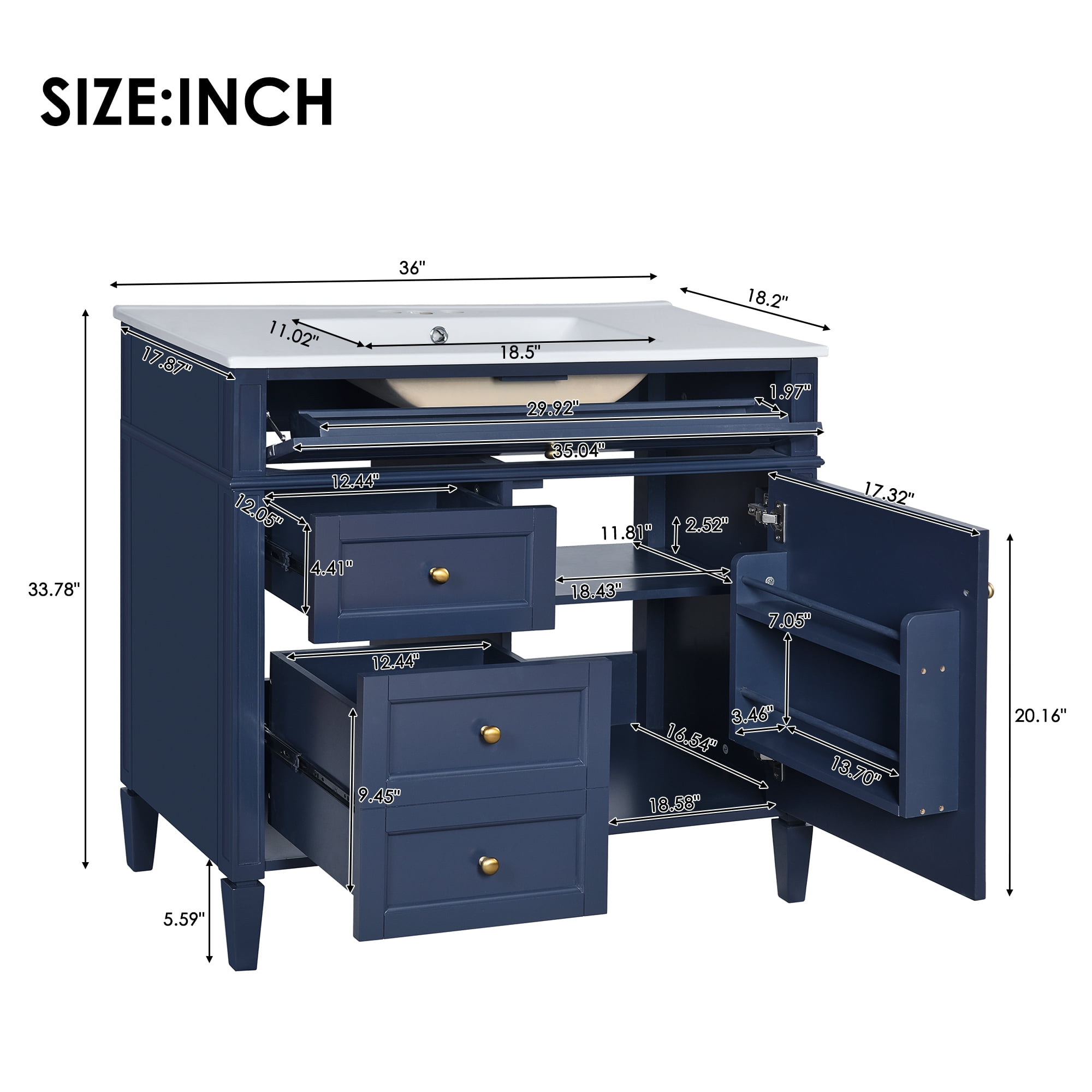 Euroco Freestanding Bathroom Vanity with Drawers and Cabinet Door Organizer, Modern Sink Cabinet, Easy Assembly