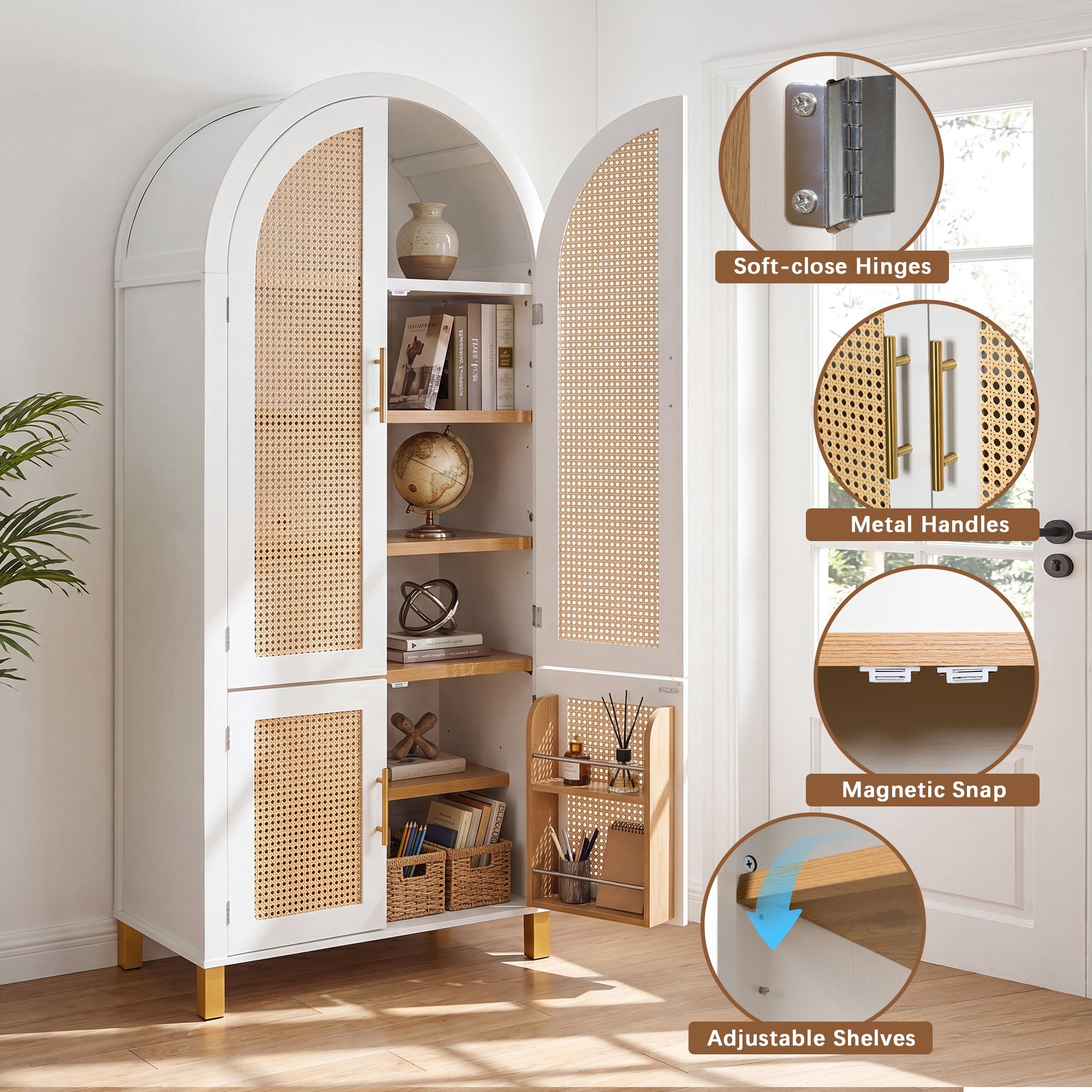 71-Inch Tall Arched Cabinet with Rattan Doors and Adjustable Shelves, Farmhouse Storage Cabinet with Built-in Racks for Kitchen, White