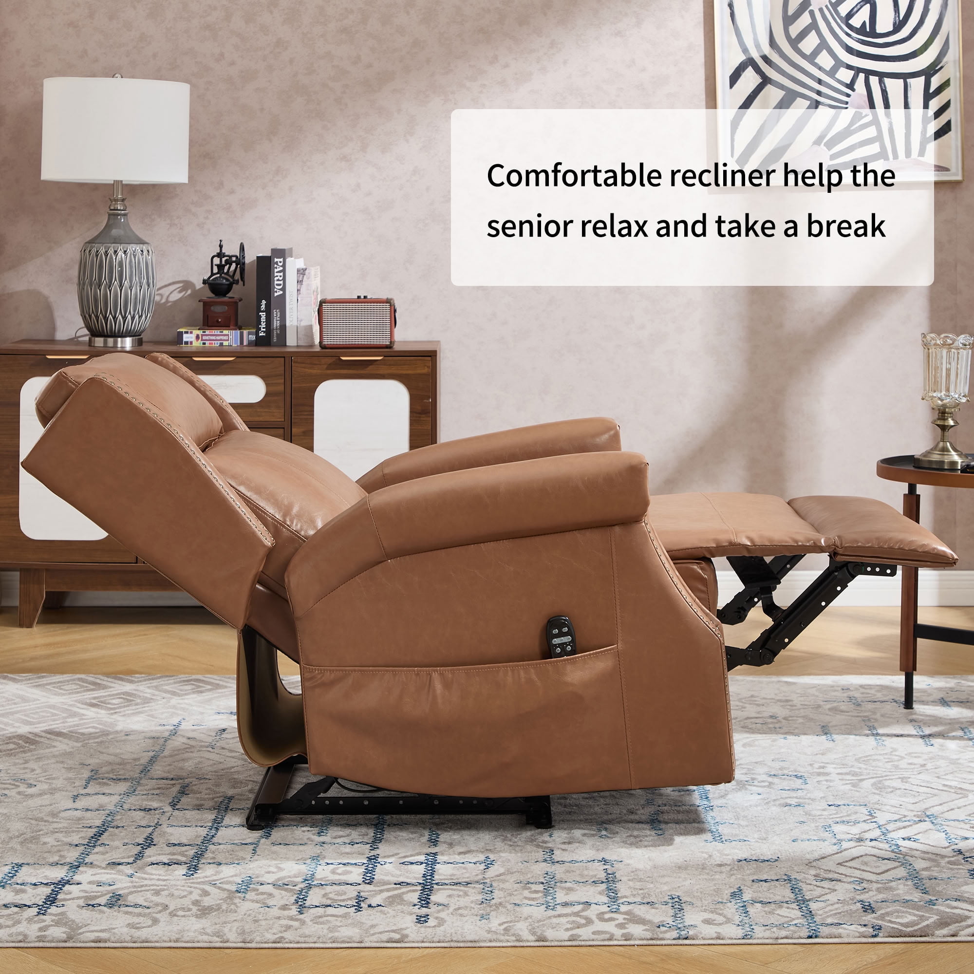 MAYEERTY Manual Massage Recliner Chair, Faux Leather Lounge Armchair with Nailhead Trim & Lumbar Heat, for Living Room Home Theater