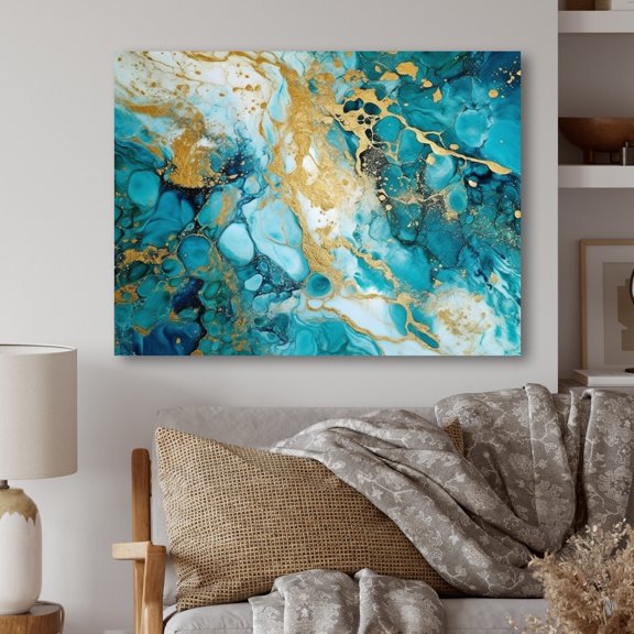 Designart "Luxury Abstract Fluid Art in Turquoise VI" Fractals Metal Wall Art Prints