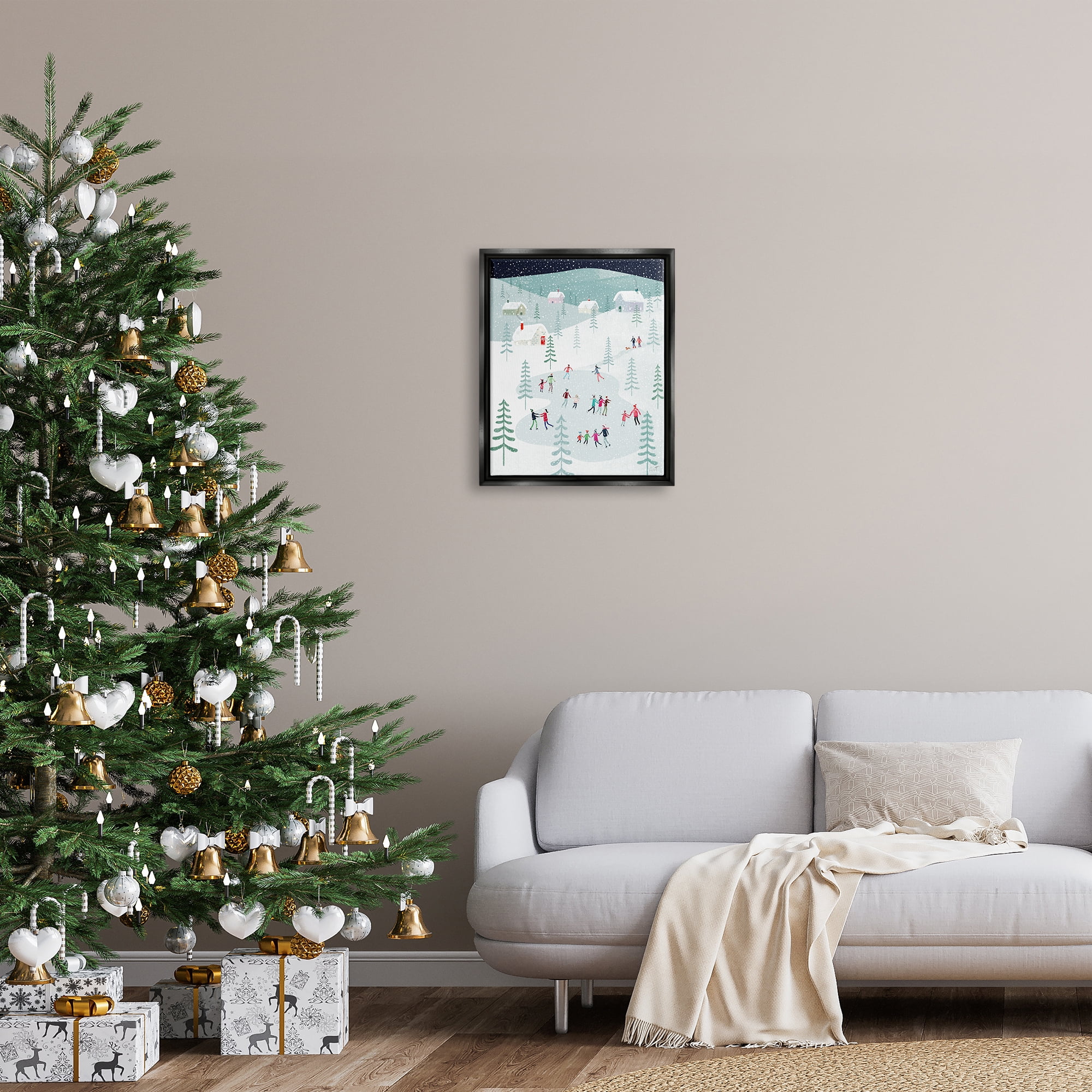 Stupell Industries Ice Skating Families Snowfall Holiday Painting Black Floater Framed Art Print Wall Art