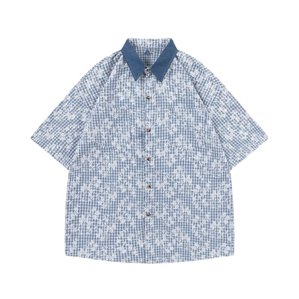 Blusa y camisa de manga corta con cuello vuelto para hombre, estilo vintage, informal, con solapa y botones, de moda, de manga larga