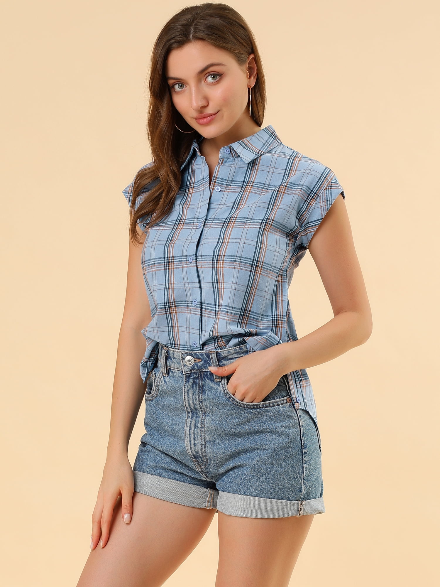 DARING DIVA Women's Summer Plaid Short Sleeves Button Down Shirts 3XL Blue