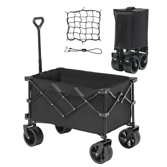 KFFKFF Foldable Utility Cart, 113 L Capacity Beach Cart with All-Surface Wheels, Durable Foldable Cart Supports up to 250 lbs, Equipped with Beverage Holders, Ideal for Camping, Shopping, Gardening