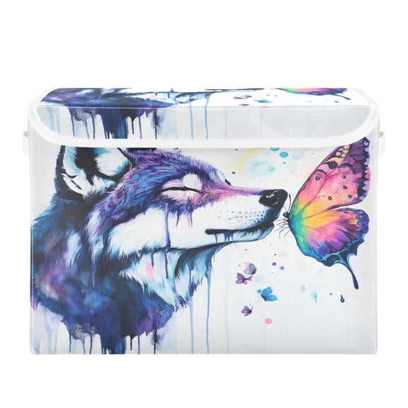 Storage Box With Lid 16.5x12.6x11.8In Foldable Stacked Household Storage Box Wolf and Butterfly