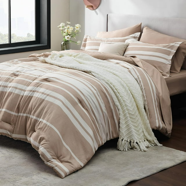 Juego de Edredón Bedsure Queen 7 Piezas Camel Claro a Rayas