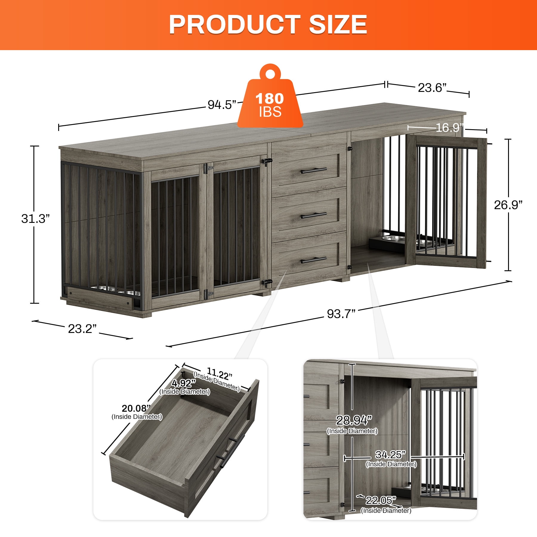 Rophefx 95.4" Dog Crate Furniture for 2 Dogs,Large Kennel with 3 Drawers and 4 Bowls,Wooden Heavy Duty Indoor Dog House,Grey