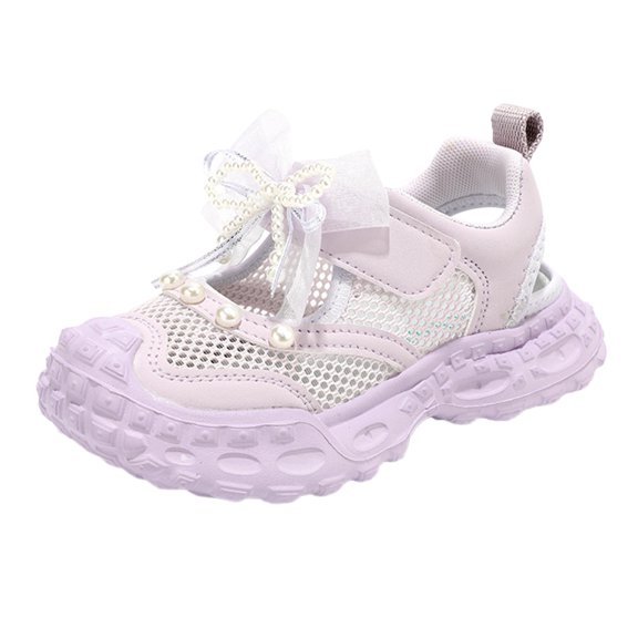 GiLiling Girls Closed-Toe Sandals, Breathable Mesh Synthetic Upper Pearl Bow Detail Adjustable Ankle Strap Non-Slip Thick Sole, Summer Casual Footwear (Purple, 3.5-4 Years)