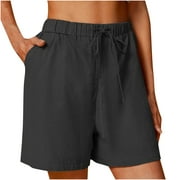 EDHITNR Cotton Linen Shorts for Women, Elastic Wide Leg Solid Color Workout Sets for Women, Warehouse Deals Sale Black XL