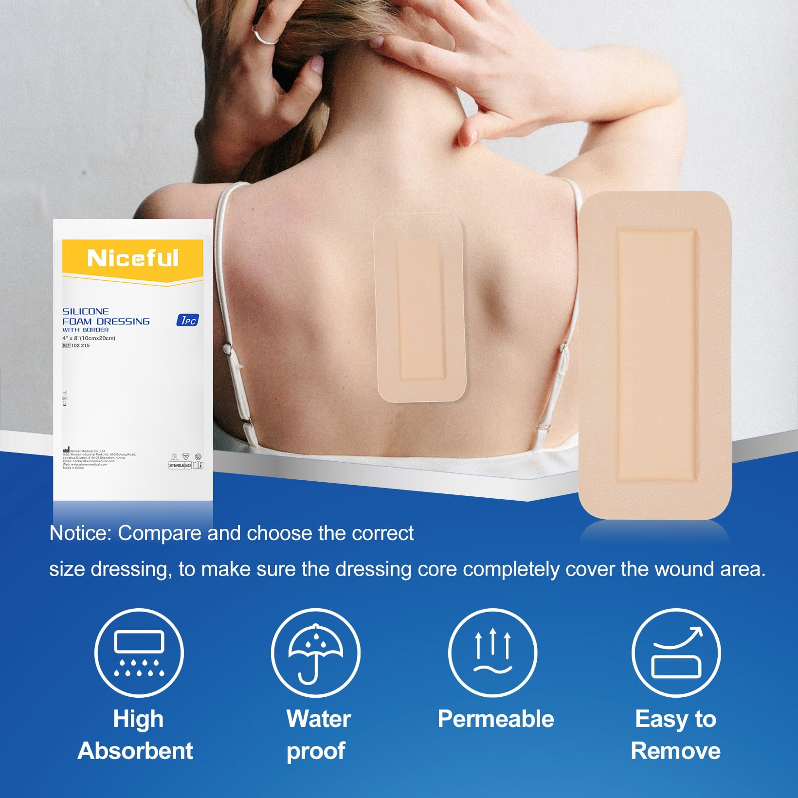 Niceful Silicone Foam Dressing  Waterproof Silicone Bandages with Border Adhesive, High Absorbency Bed Sore Bandages Wound Care Dressing, 4"x8", 10 Packs, FSA HSA Eligible