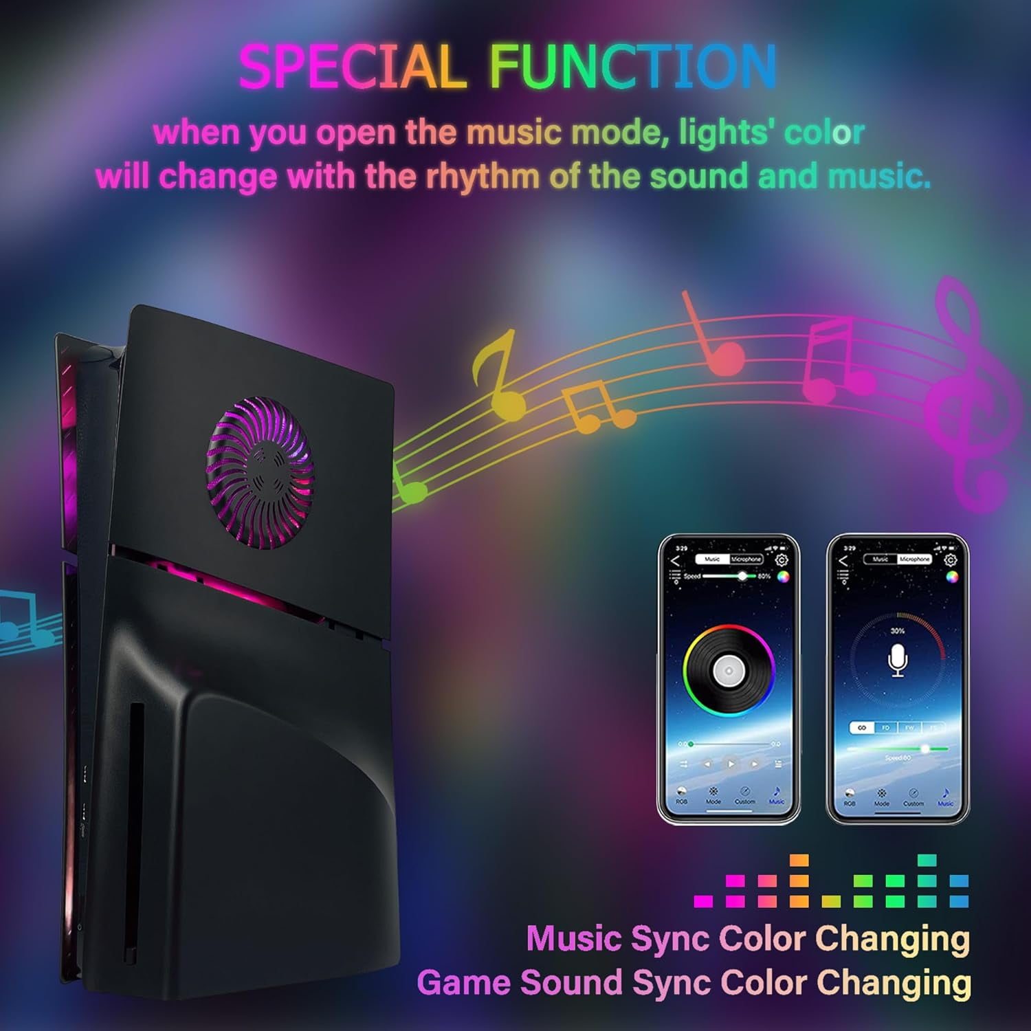 Faceplate for PS5 Slim Disc Edition with RGB Light Strip and Dust Filter with Cooling Vents 400+ Effects LED Light Ring Console Face Plate Cover DIY Decoration Kit Accessories Black