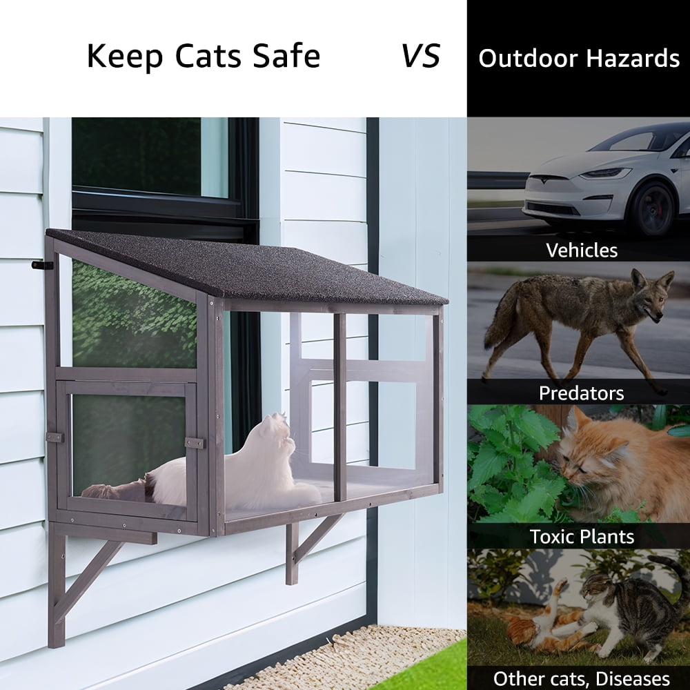 unipaws Prevent Conditioned Air Loss, Bug Proof Cat Catio, Window Cat House with Transparent PC Panels, Outdoor Enclosure for Indoor Pets