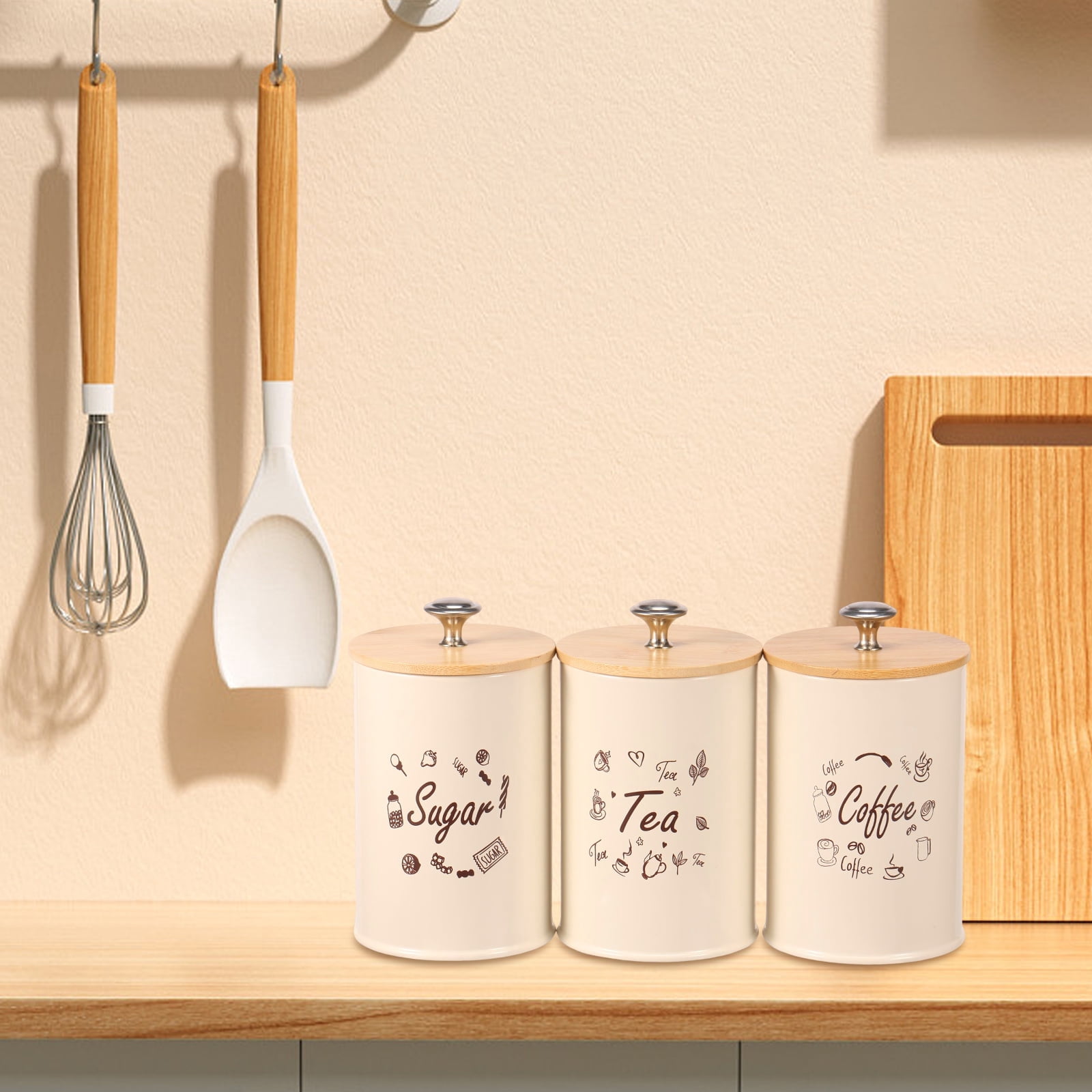 FUYGRCJ 3PCS Food Storage Canisters with Bamboo Lid, Airtight Iron Tea Sugar Coffee Canisters, Versatile Tea Coffee Sugar Canister Set, Smooth Coffee Tea Sugar Container Set for Coffee Sugar Tea