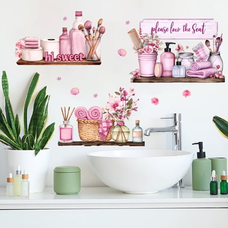 Pink Flowers Decals Bathroom Wall Stickers Removable Self Adhesive Vinyl Peel and Stick Living Room Bedroom Background Wall Art Decor