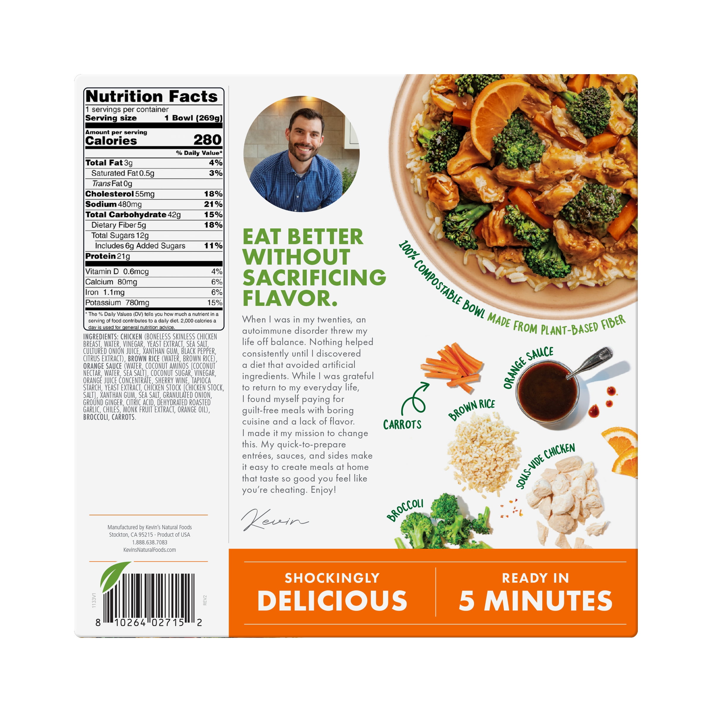 Kevin's Natural Foods Orange Chicken, Frozen, 9.5 oz Bowl