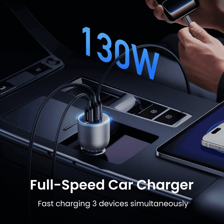 UGREEN 130W 3 Port Car Charger with 100W Cable 1m