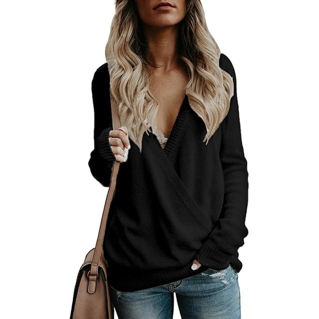 Suéter de mujer, suéter de otoño e invierno, suéter de punto cruzado con cuello en V, blusas holgadas elegantes y sexys, sudadera, blusas tipo túnica de manga larga (L)