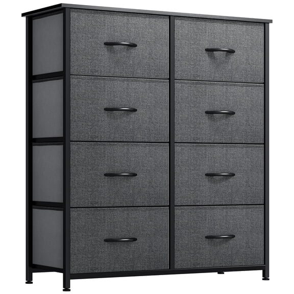 A-Black Grey 8-Drawer Fabric Storage Dresser With Steel Frame & Wooden Top For Bedroom Living Room
