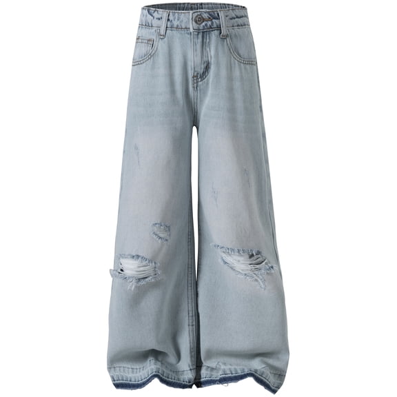 KIDSCOOL Little Big Girls Washed Denim Pants Casual Wide Leg Ripped Jeans,Blue,7-8 Years