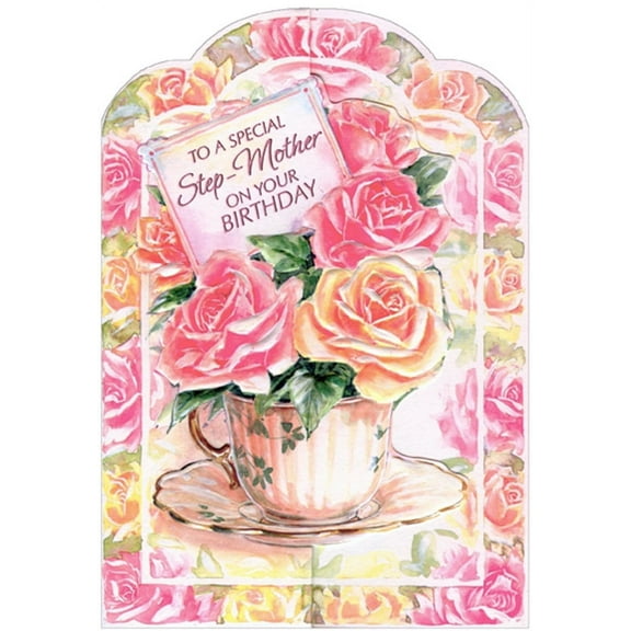 Designer Greetings Pink, Orange and Yellow Flowers in Tea Cup Die Cut Tri Fold Birthday Card for Step-Mother