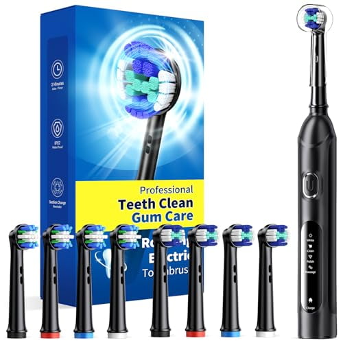 TEETHEORY Cepillo de dientes eléctrico giratorio para adultos con 8 cabezales de cepillo (2 tipos), cepillo de dientes eléctrico de limpieza profunda de 4 modos con potencia recargable y temporizador