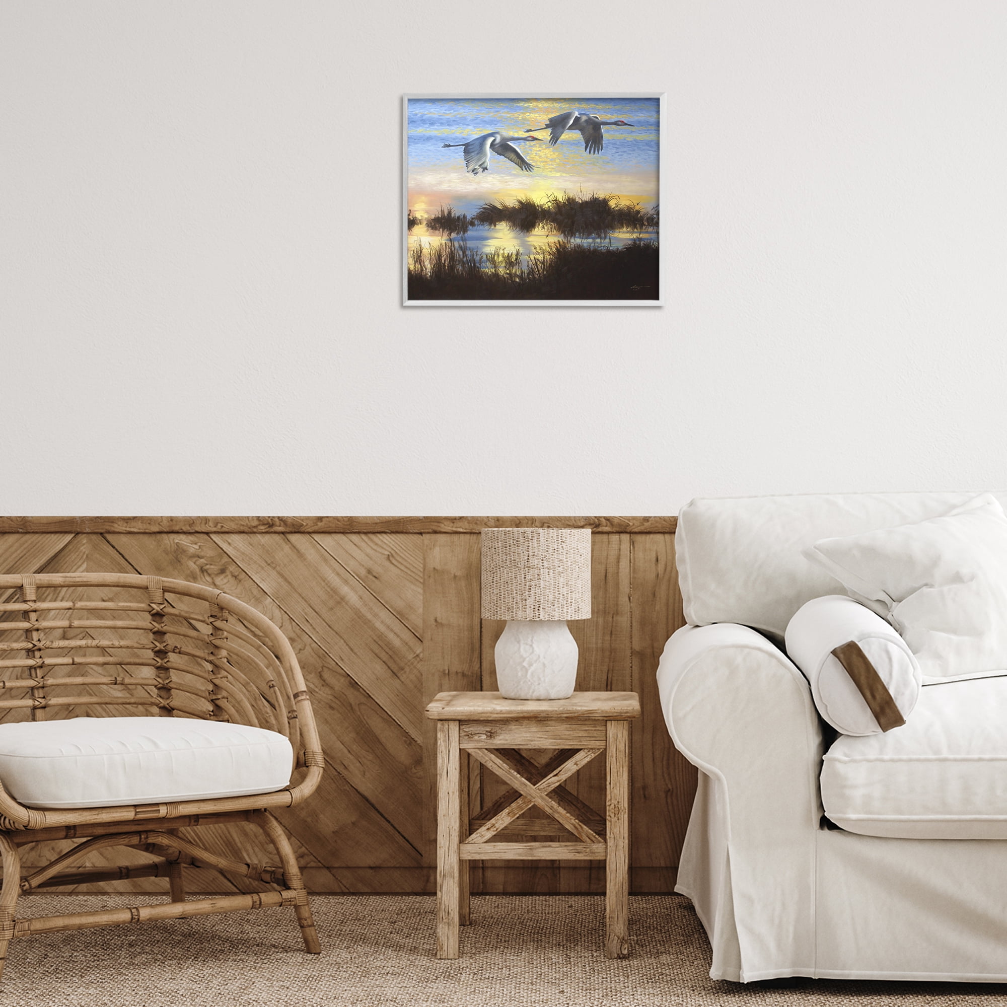 Stupell Industries Two Cranes Over Lake Landscape Painting White Framed Art Print Wall Art, 20 x 16