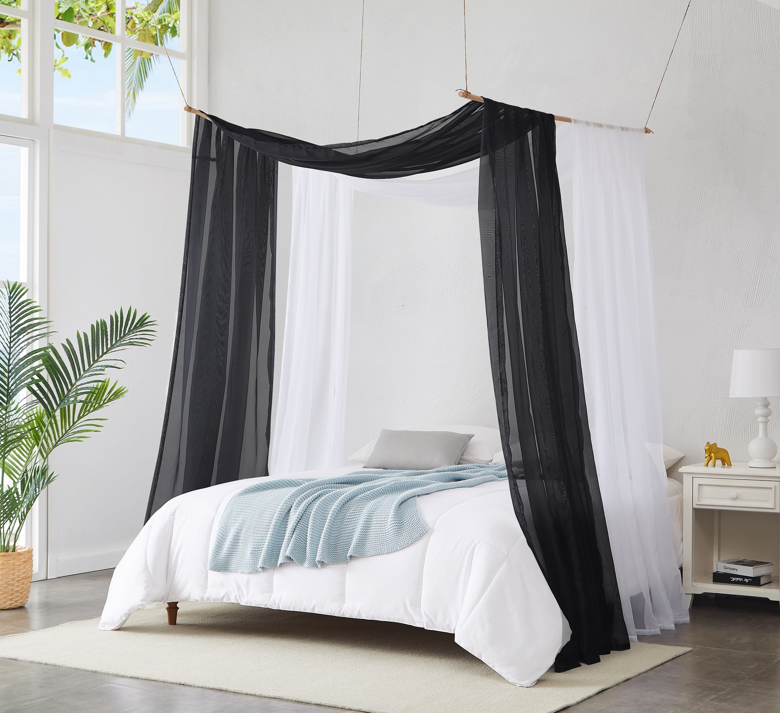 Warm Home Designs Set of 2 White & Black Canopy Bed Curtains in 55 x 360 Inch Size. BE White & Black 360