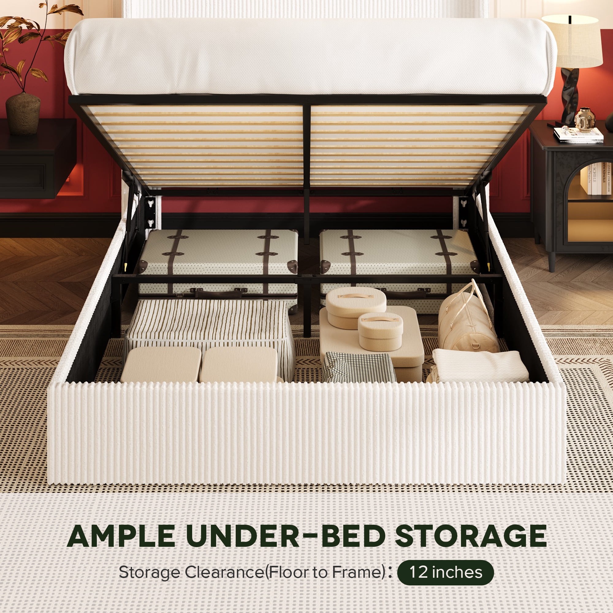 Einfach Queen Size Hydraulic Lift Up Storage Bed Frame, Corduroy Upholstered Wingback Headboard, Ample Under-bed Storage, White