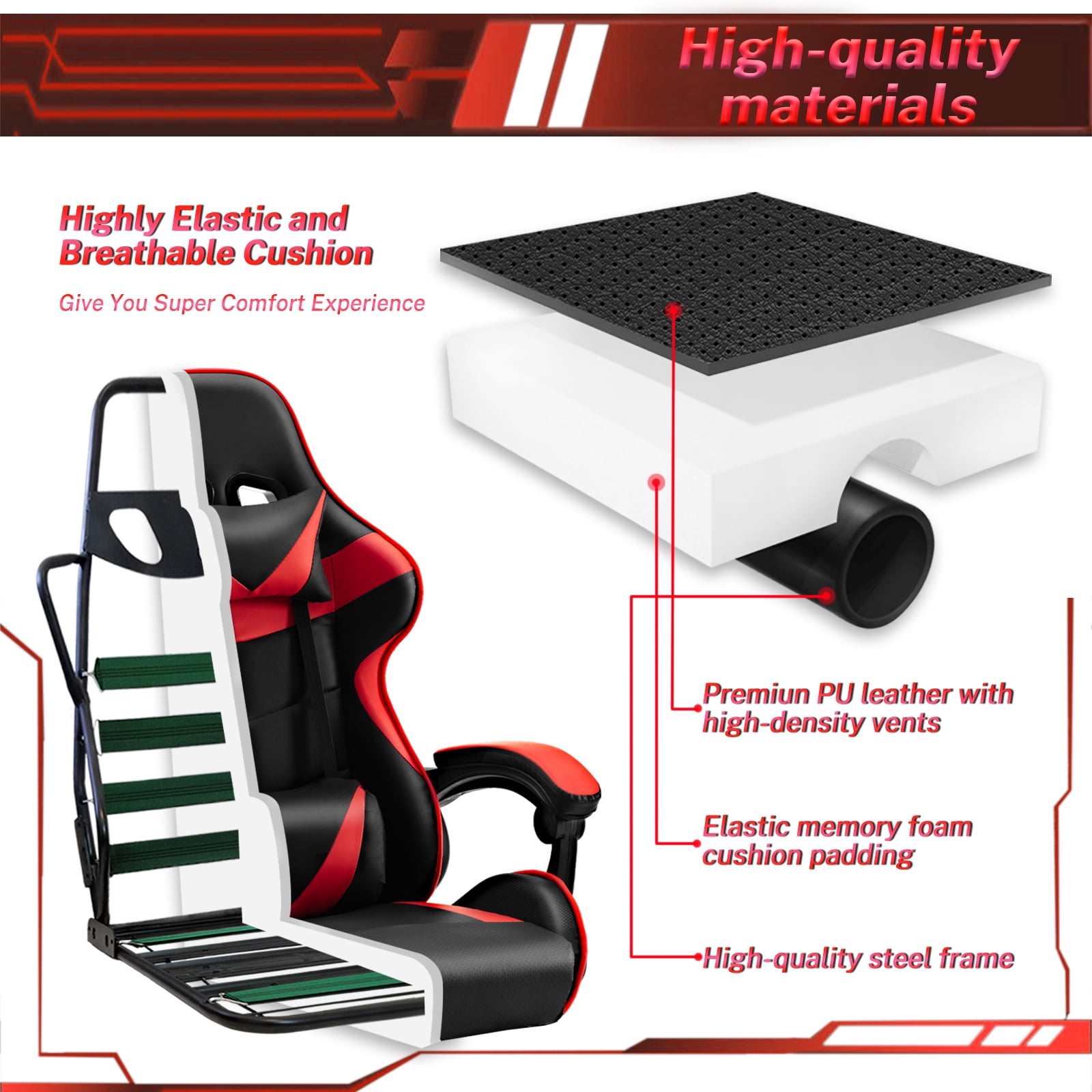 Luxvie Gaming Chair High Back Office Chair with Footrest, Headrest, Massage Lumbar Support Swivel Ergonomic Gamer Chair for Adults, Red