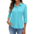 thumbnail image 2 of JoveMarine Women's Solid Color Lapel 3/4 Sleeve Button Up Shirt Casual Summer Top with Button Decor Lightweight Blouse for Spring Daily Wear Sky Blue M, 2 of 6