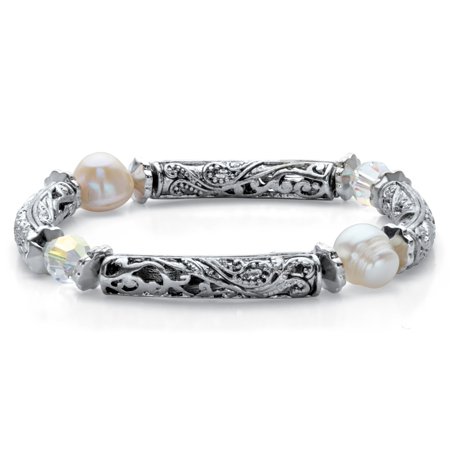 Aurora Borealis Crystal and Simulated Pearl Barrel Bead Stretch Bracelet in Antiqued Silvertone 7