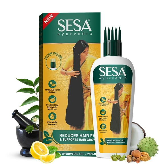 SESA Ayurvedic Hair Oil With Bhringraj & 17 Rare Herbs With Coconut Oil and 4 Nourishing For Hair Growth Help Control Hair Fall with Easy Applicator For Women and Men (200 ml)